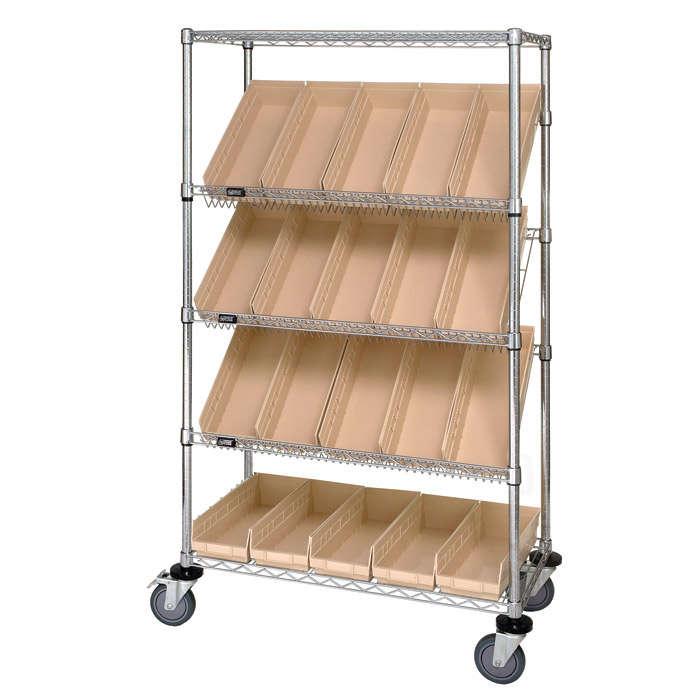 2 Horizontal and 3 Slanted Shelves Quantum Storage Systems WRCSL5-63-1836-104CL 5-Tier Slanted Wire Shelving Suture Cart with 20 QSB104 Clear-View Economy Shelf Bins Chrome Finish 69 Height x 36 Width x 18 Depth